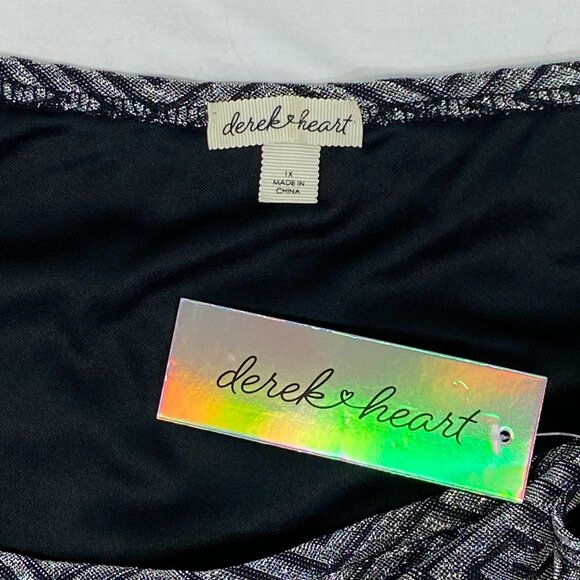 Derek Heart Black Silver Shimmery Greek Key Shift Dress Boat Neck Cap Sleeve 1X - Picture 13 of 14